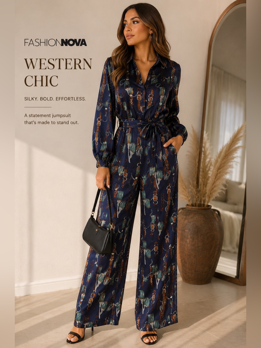 Fashion Nova Western Print Satin Jumpsuit Size Medium